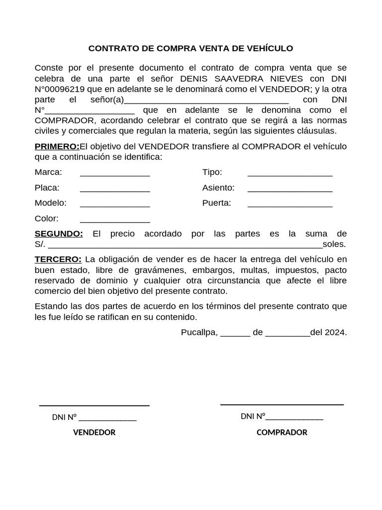 Contrato de Compra Venta de Vehículo | PDF