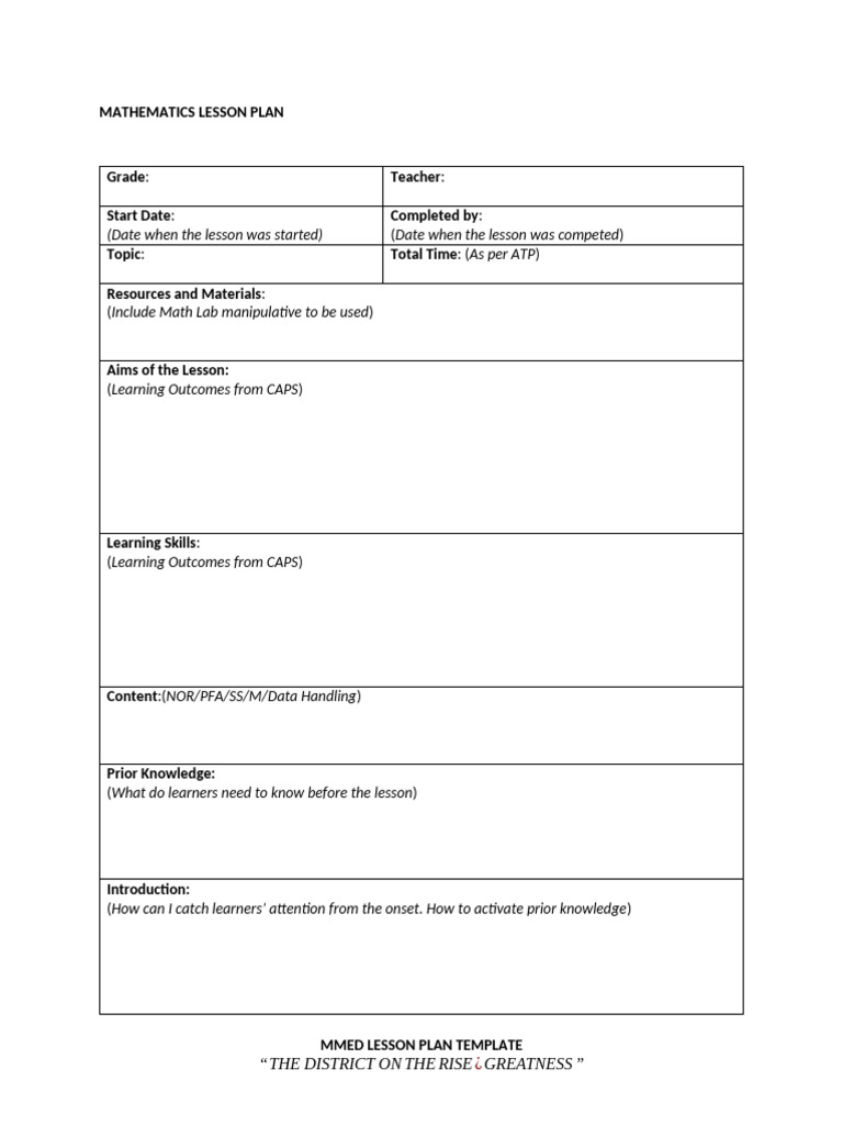 Mathematics Lesson Plan Template for Grade 4-7-1 | PDF