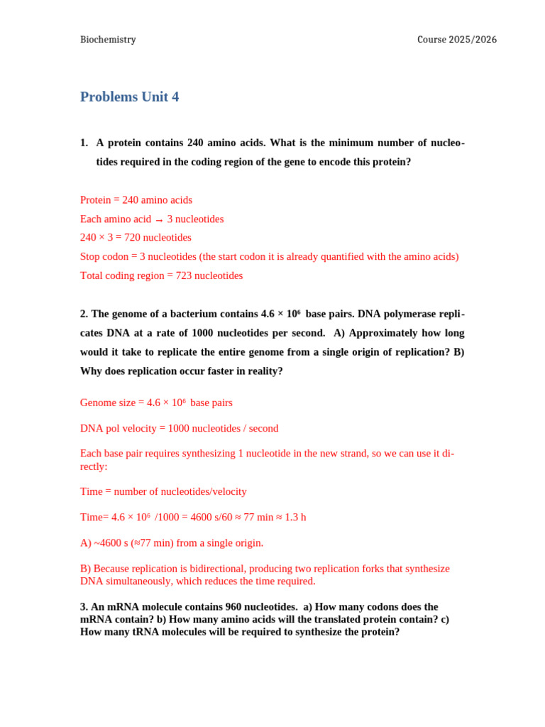 Problems Unit 4 2026 With Answers | PDF | Genetic Code | Dna Replication