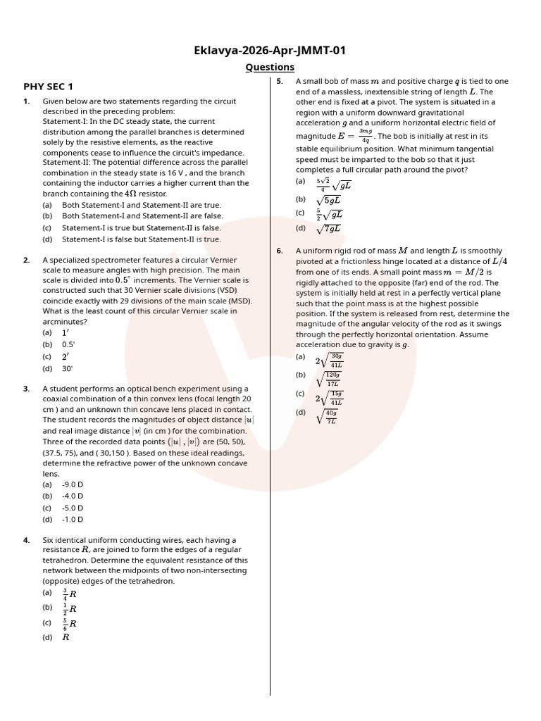 JMMT-01-2026 JEE Mains January Attempt Practice Paper | PDF | Atomic ...