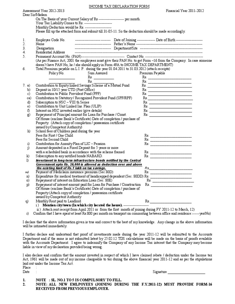 Income Tax Declaration Form 2011-12 | PDF | Payments | Taxes