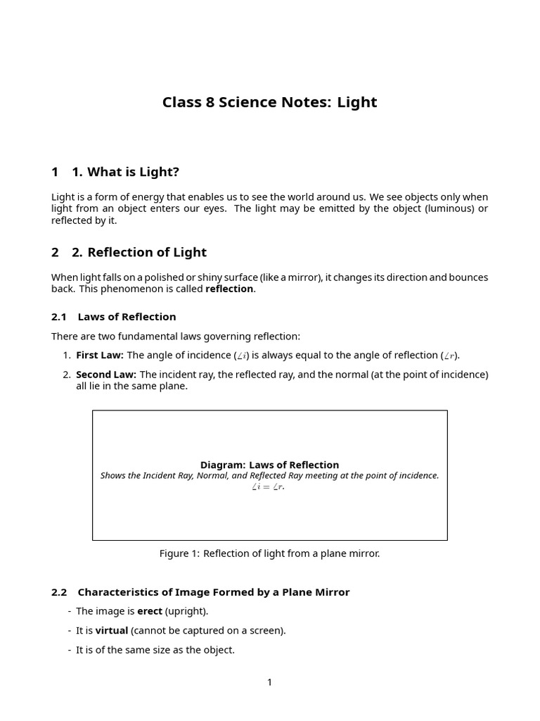 Class 8 Science - Light Notes | PDF | Eye | Reflection (Physics)