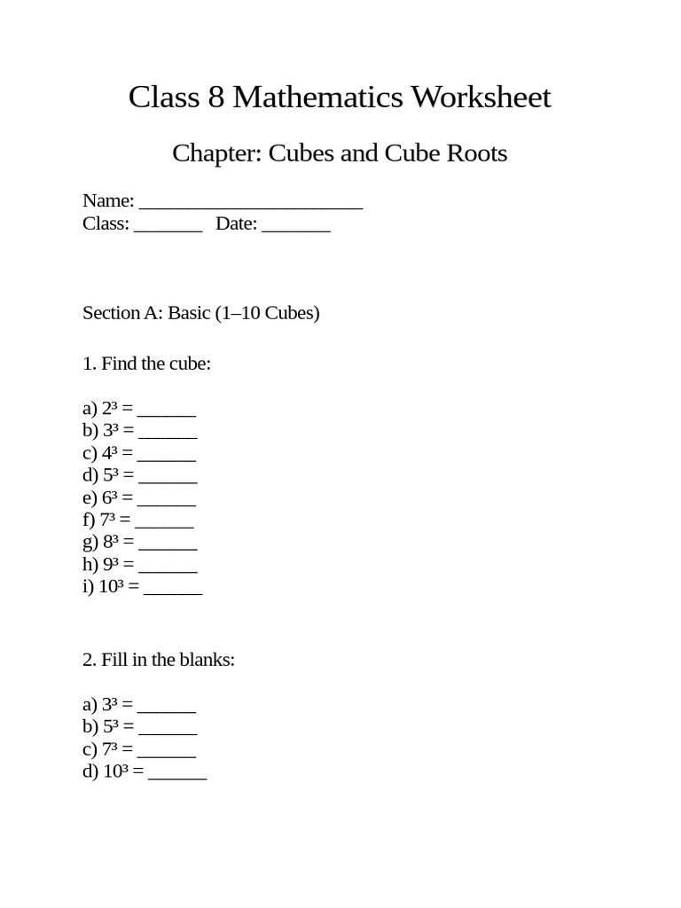 Class 8 Mathematics Worksheet | PDF