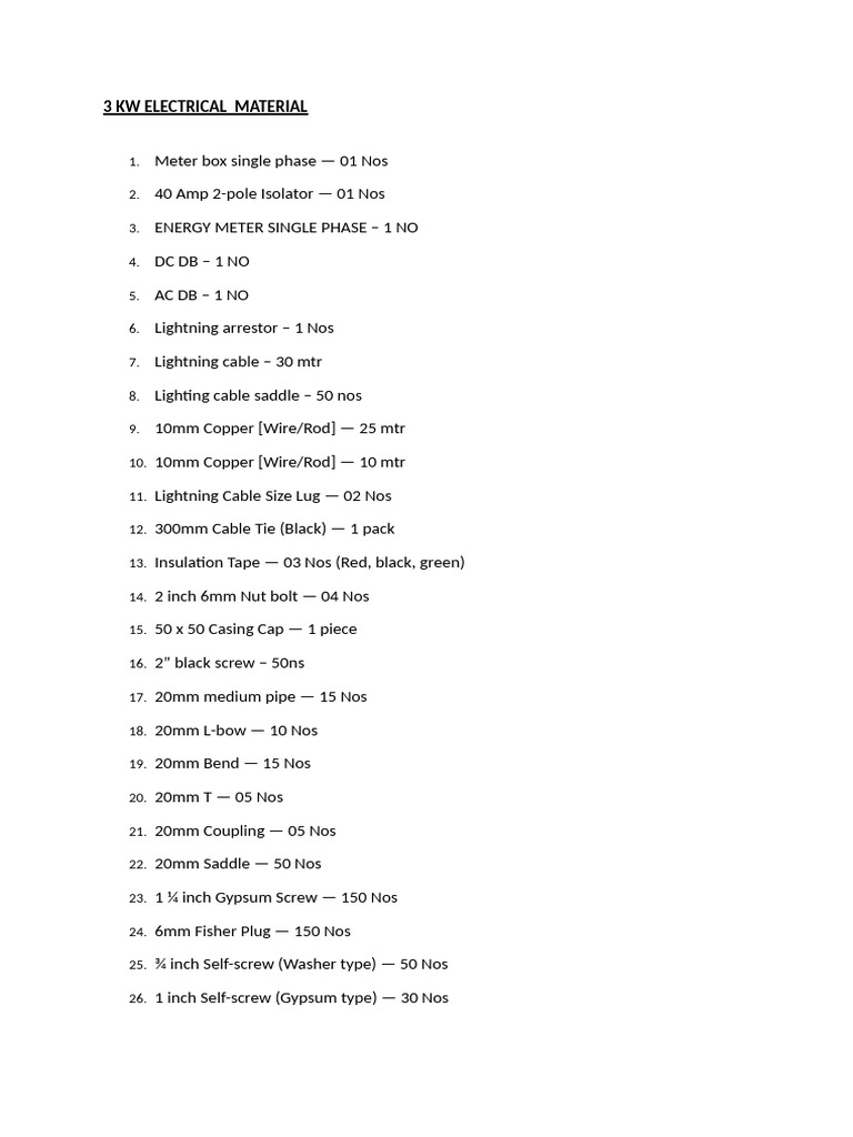 3 Kw Electrical Material List | PDF