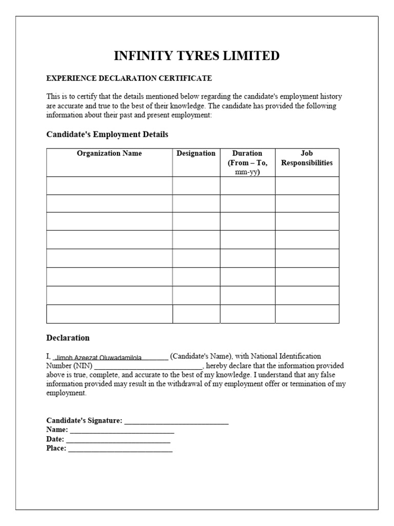 Experience Declaration Form | PDF