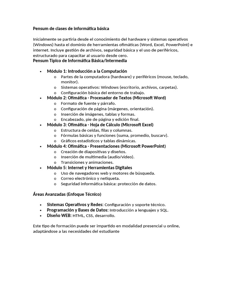 Pensum Informática Básica | PDF