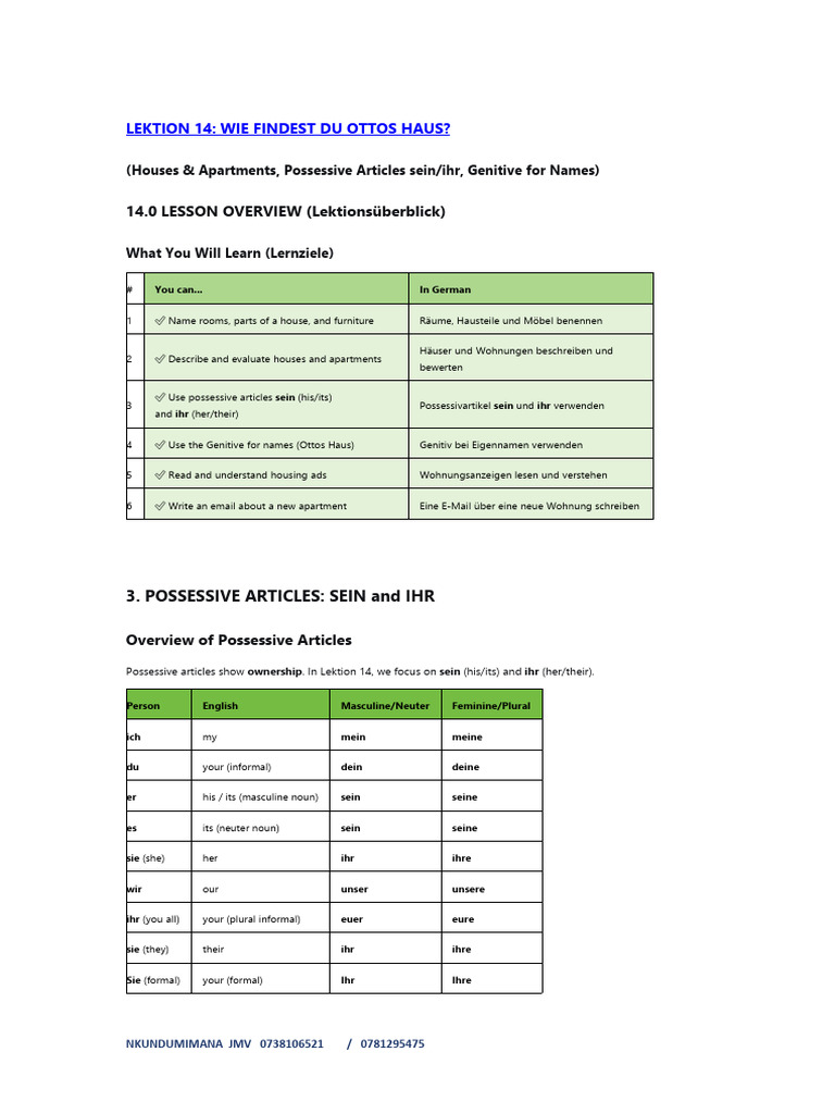 Menschen A1 Lesson 14 - German Language Learning Notes | PDF