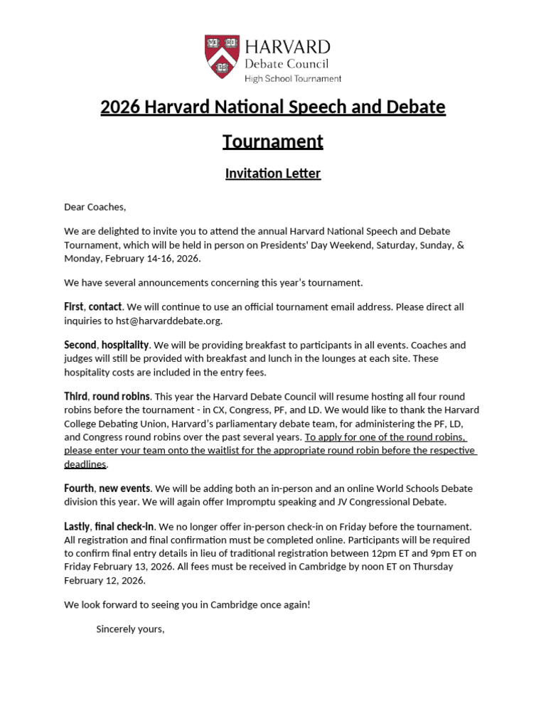 2026 Harvard National Speech and Debate Tournament Invitation | PDF ...