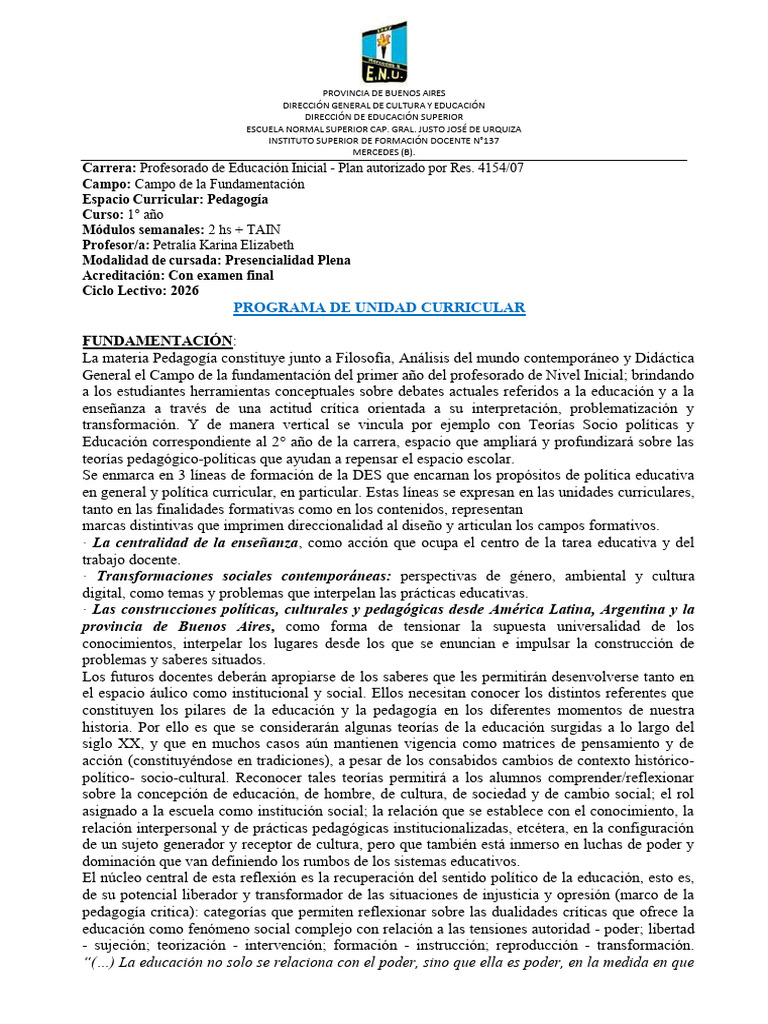 2026 PROGR UC Pedagogia 1 | PDF | Evaluación | Maestros