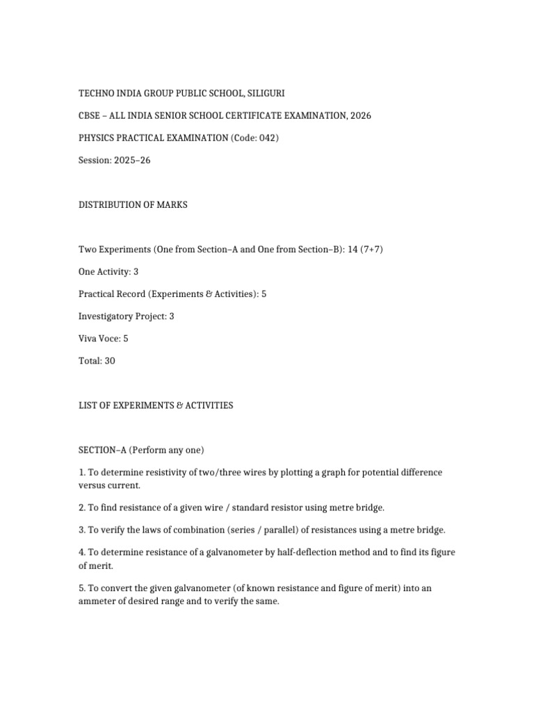 Class XII Physics Practical Exam 2026 | PDF