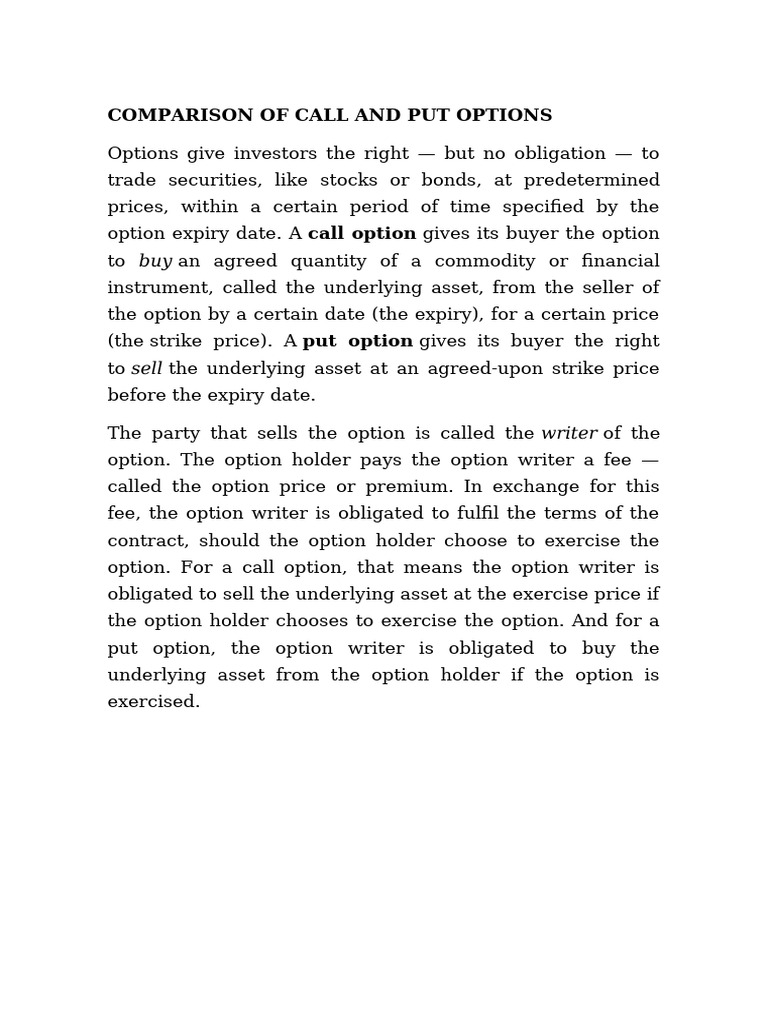 Comparison of Call and Put Options | PDF | Put Option | Option (Finance)