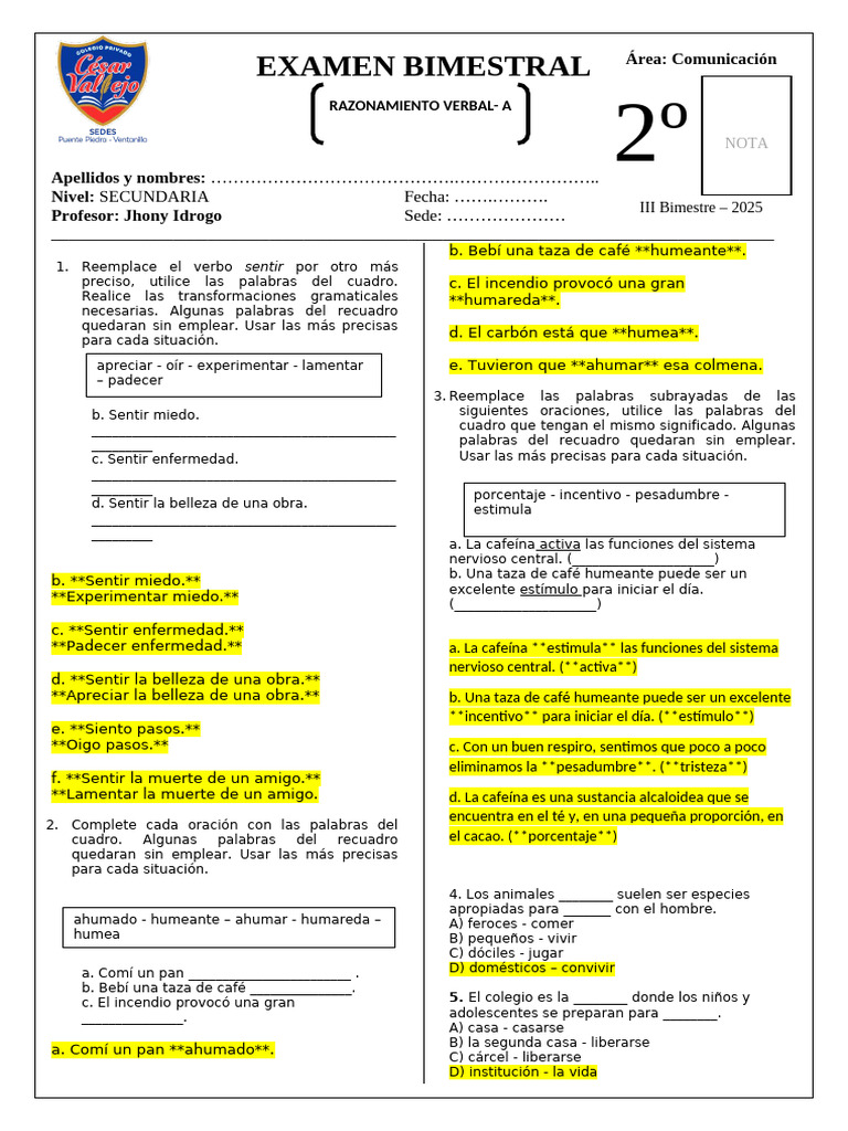 RPTA_RV_2° _A_EXAMEN BIMESTRAL | PDF | Lingüística