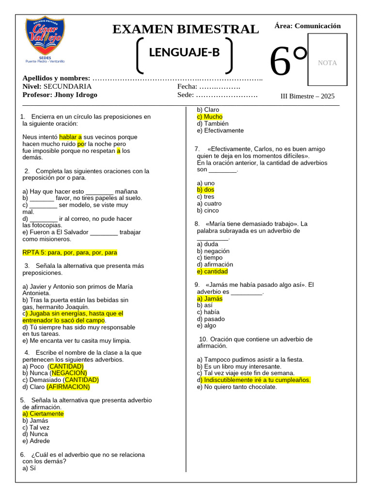 RPTA_LENGUAJE_6°B_EXAMEN BIMESTRAL | PDF