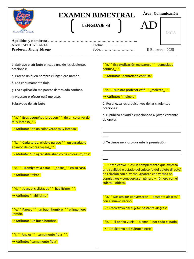 Rpta Lenguaje Advance b Examen Bimestral | PDF | Asunto (gramática) | Verbo