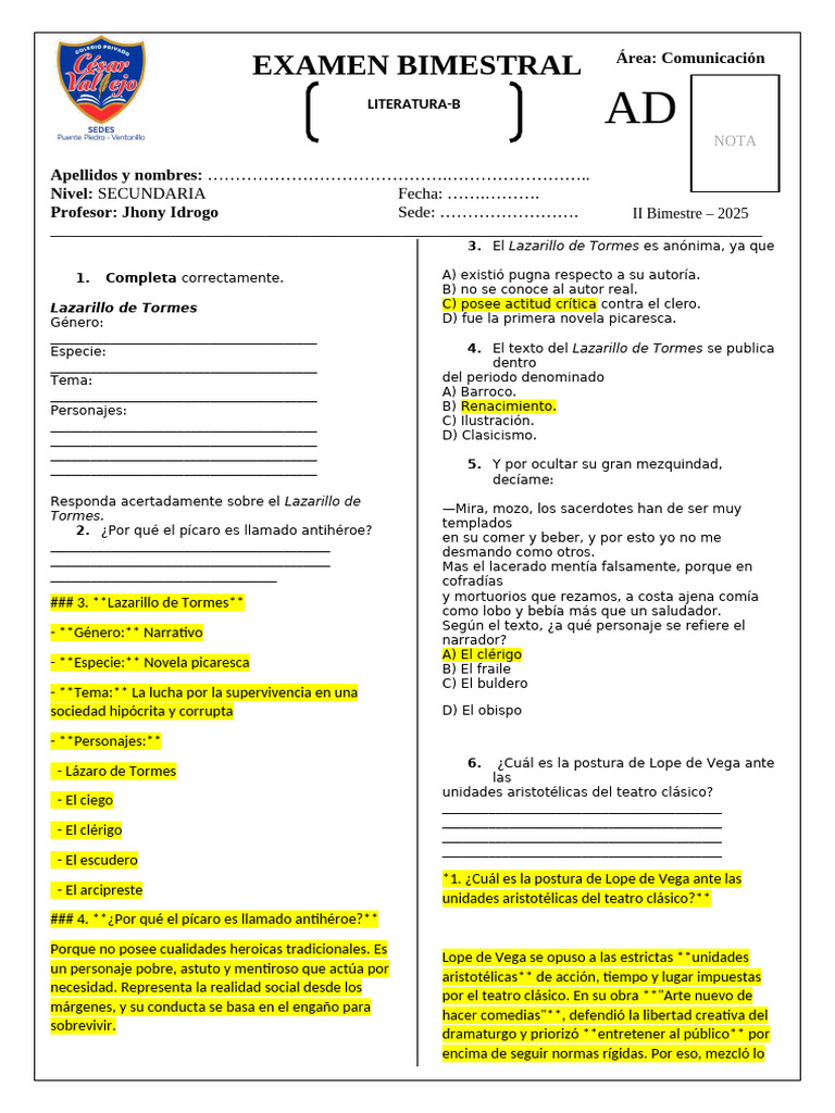 Rpta Advance Lit b Examen Bimestral | PDF