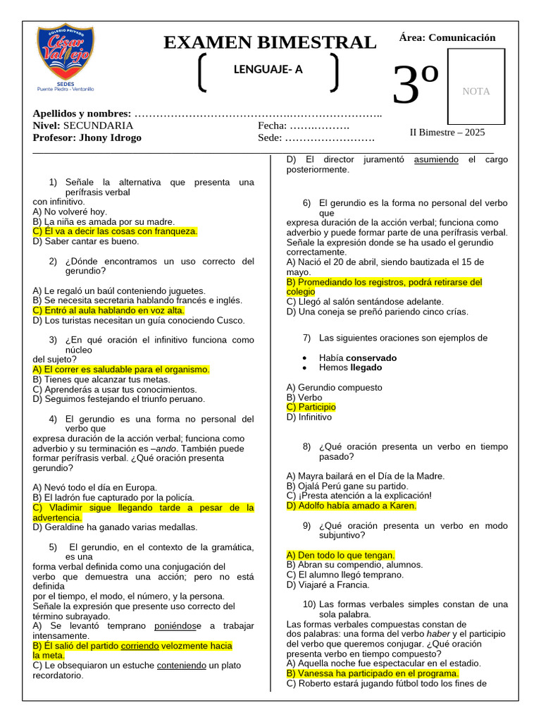 Rpta Lenguaje 3º a Examen Bimestral | PDF | Verbo | Morfología Lingüística