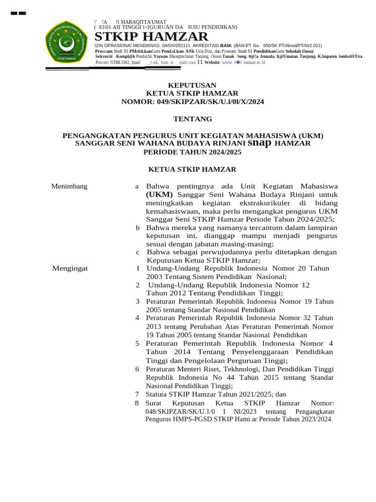 Sk Sanggar Seni Stkip Hamzar Periode 20242025 | PDF