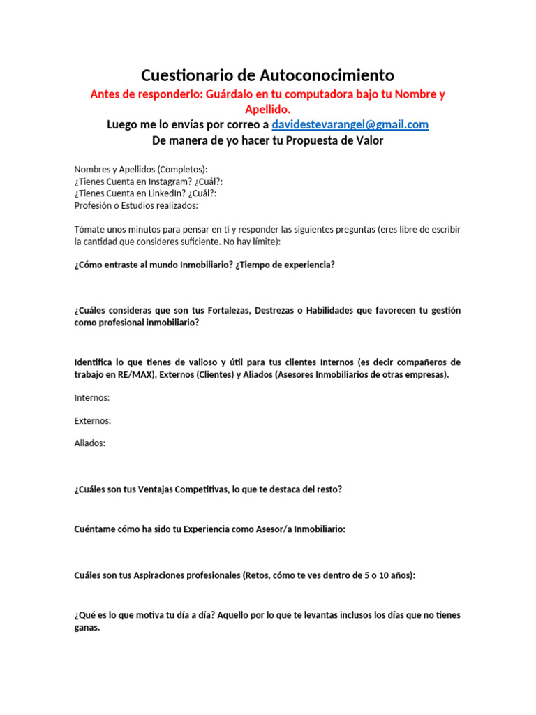 Cuestionario Base para Crear Tu Propuesta de Valor Como Asesor 2026 | PDF