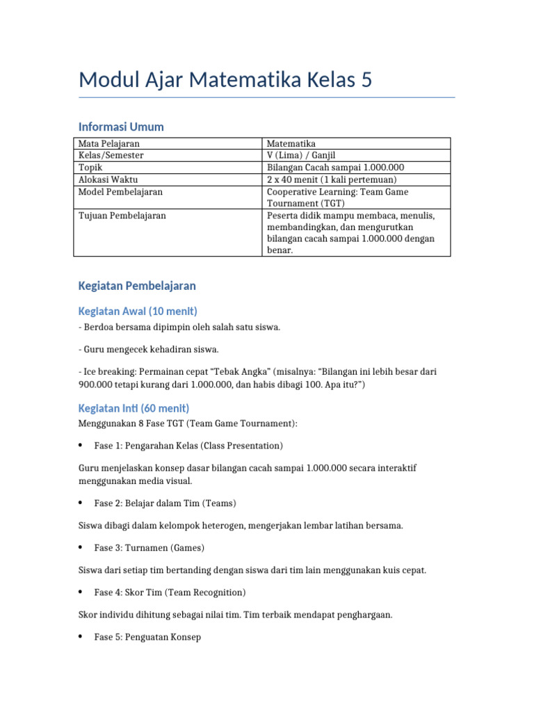 Modul Ajar Matematika Kelas 5 TGT | PDF