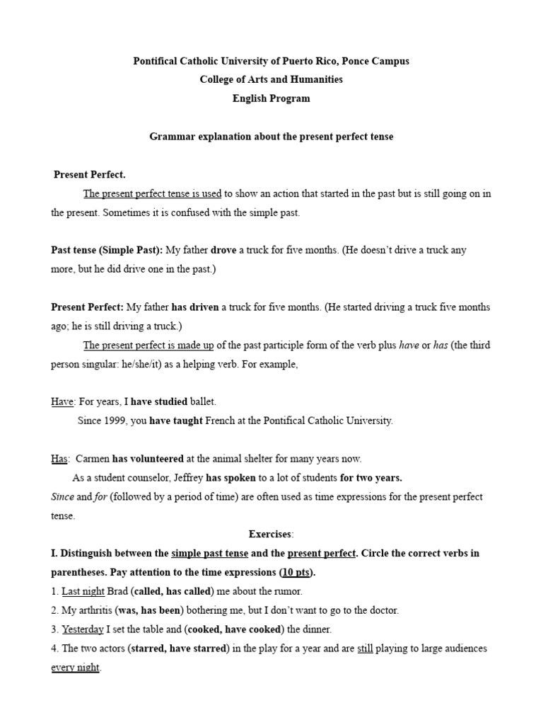 Present Perfect Tense Hand-Out | PDF | Perfect (Grammar) | Grammatical ...