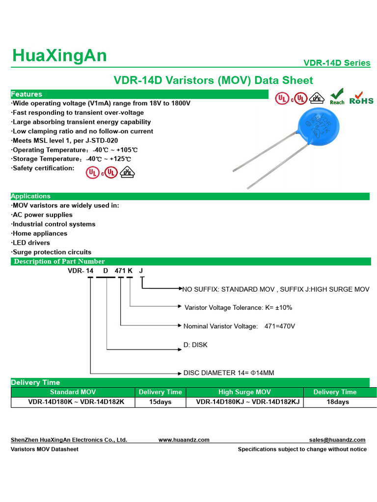 VDR-14D Series MOV Varistor Datasheet | PDF | Electrical Components ...