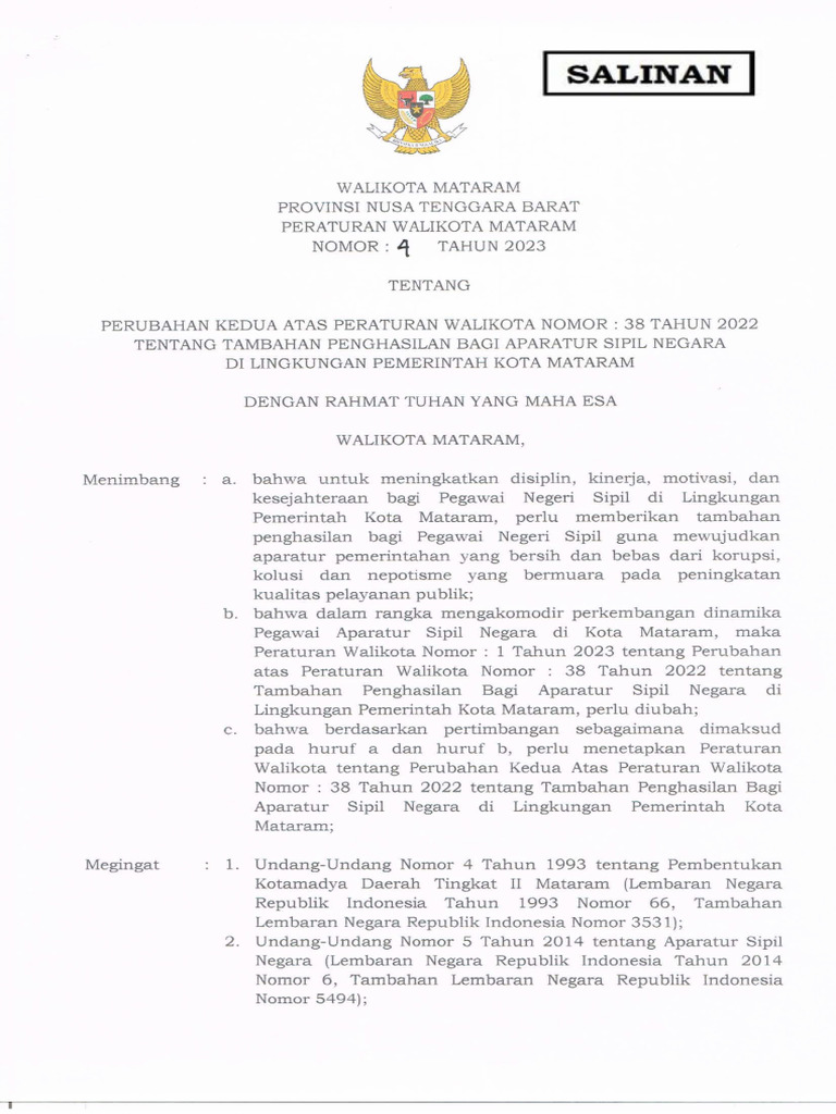 PERWAL NOMOR 4 TAHUN 2023 Tentang Perubahan Kedua Atas PERWAL Nomor 38 ...