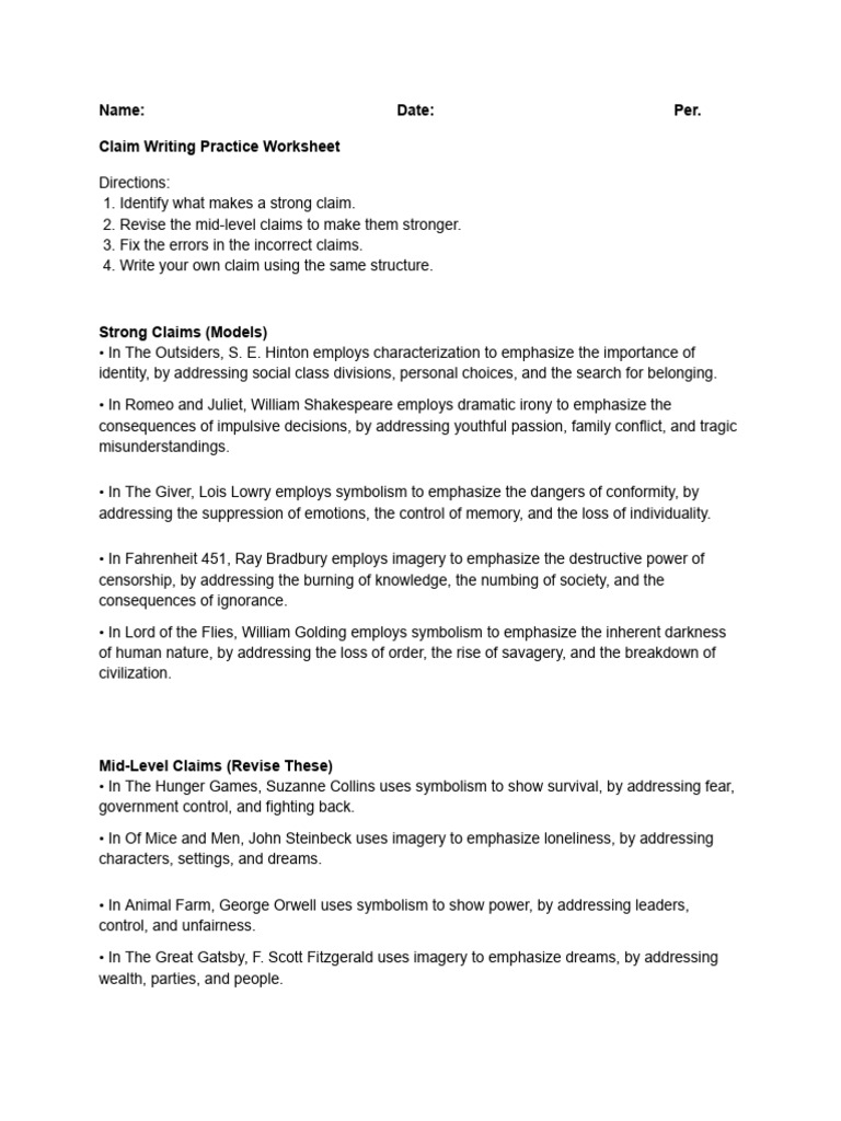 Claim Writing Practice Worksheet | PDF | The Giver