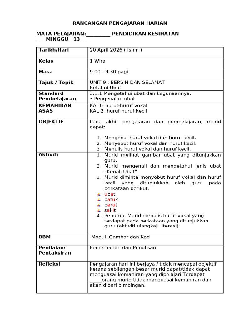 Tapak Rph Intervensi Kal =Kemahiran Awal Literasi | PDF