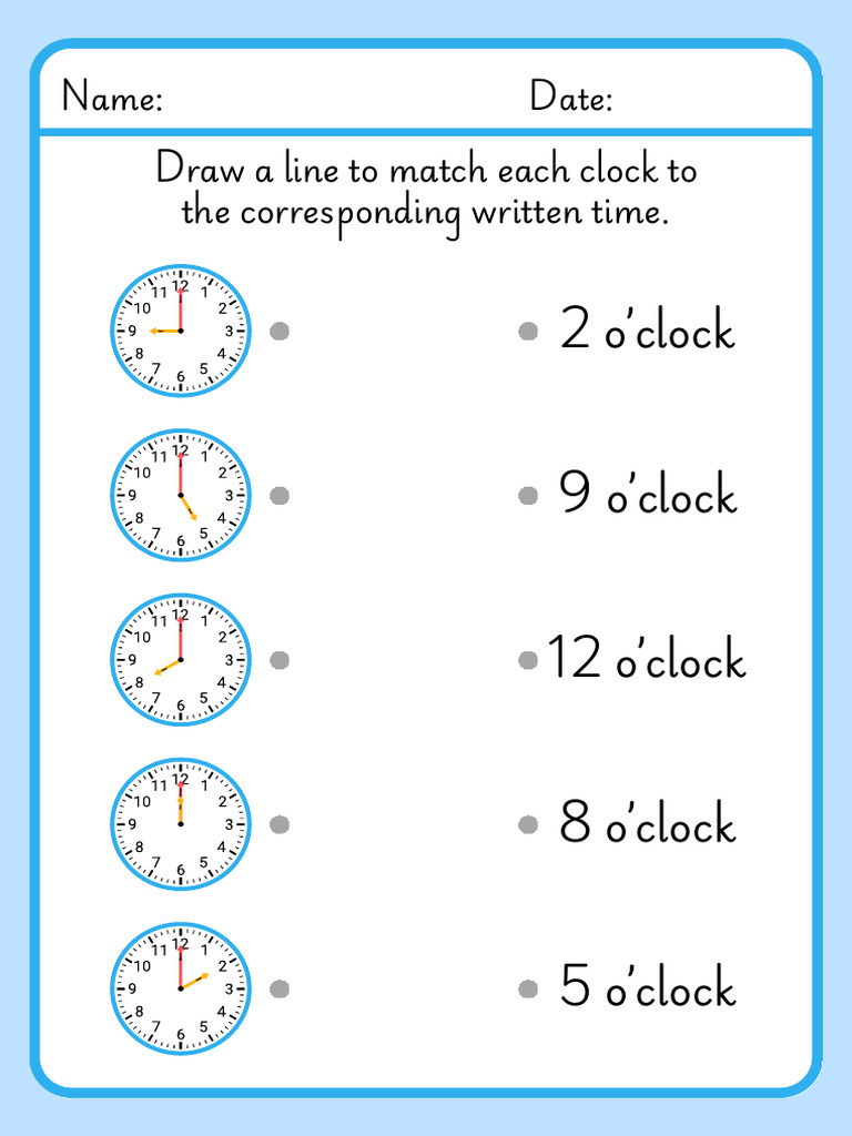Matching O'Clock Time Worksheet in Blue Simple Style | PDF