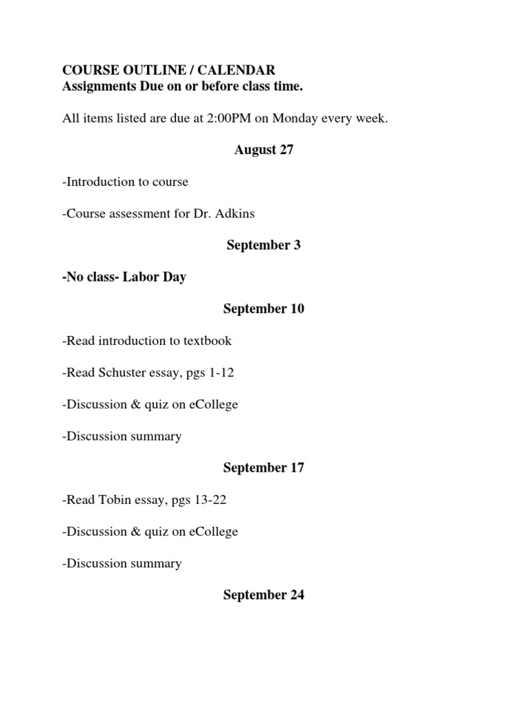 Course Outline / Calendar Assignments Due On or Before Class Time | PDF