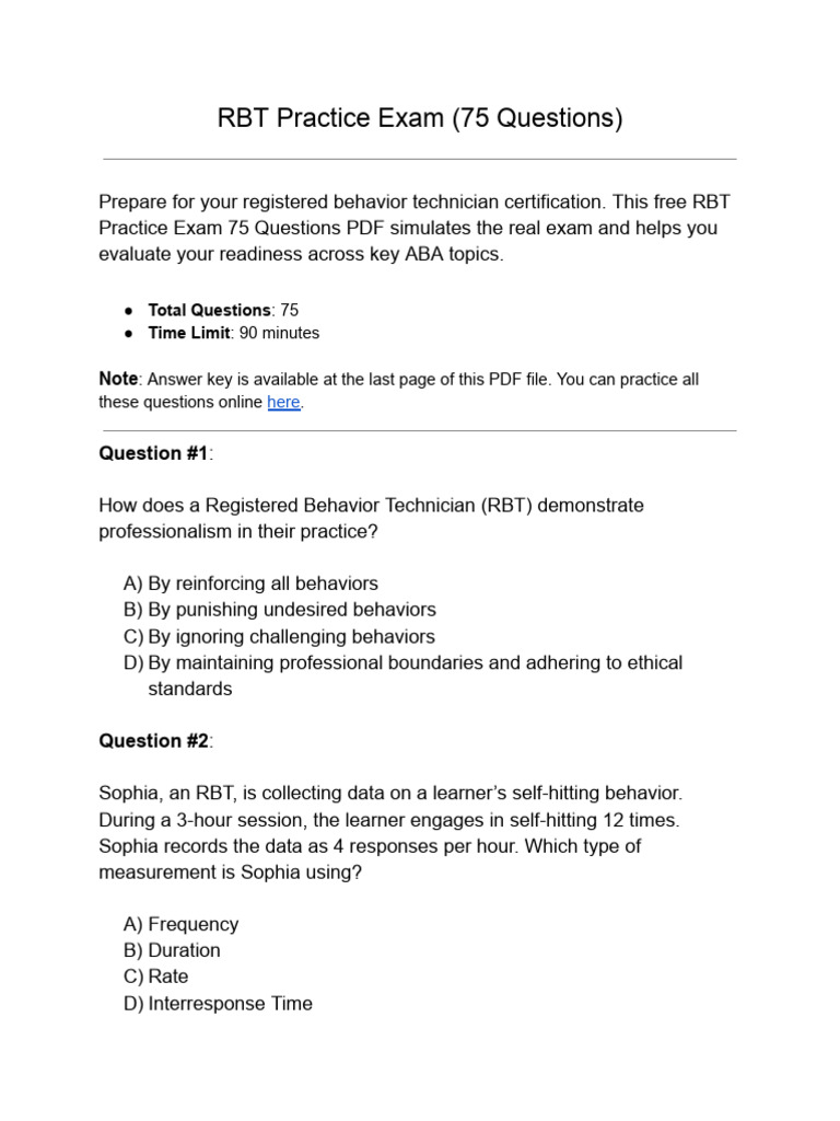 RBT Practice Exam 75 Questions - Certified RBT | PDF | Reinforcement ...