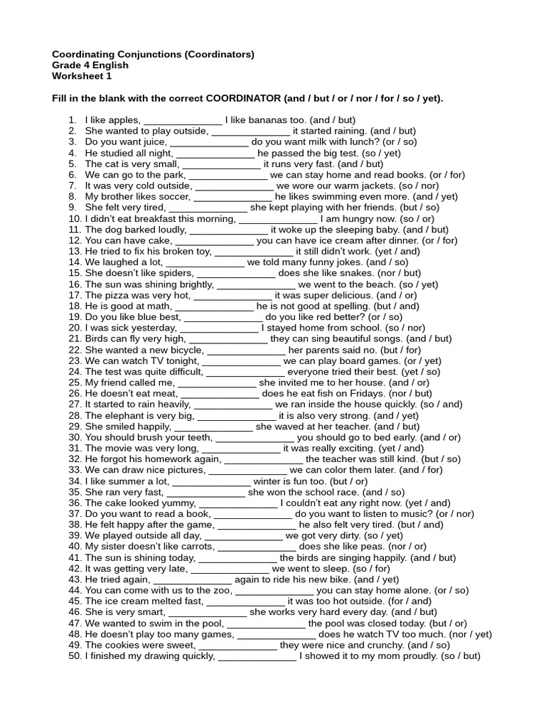 Coordinating Conjunctions Worksheet 1 (Grade 4) | PDF