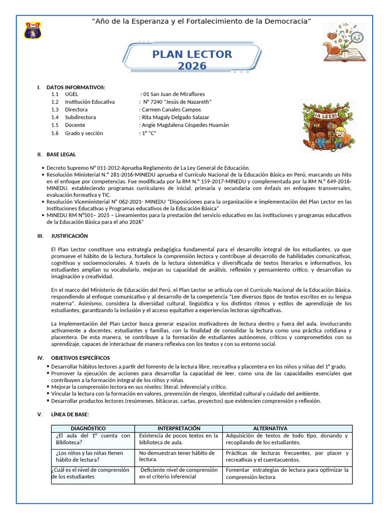 1° C - 2026 Plan Lector | PDF | Educación primaria | Comprensión lectora