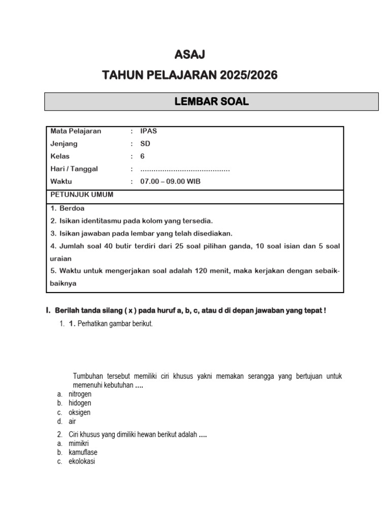 soal ASAJ IPAS 6 Mandala | PDF