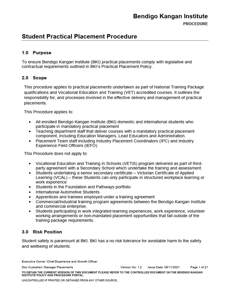 Student Practical Placement Procedure | PDF | Vocational Education