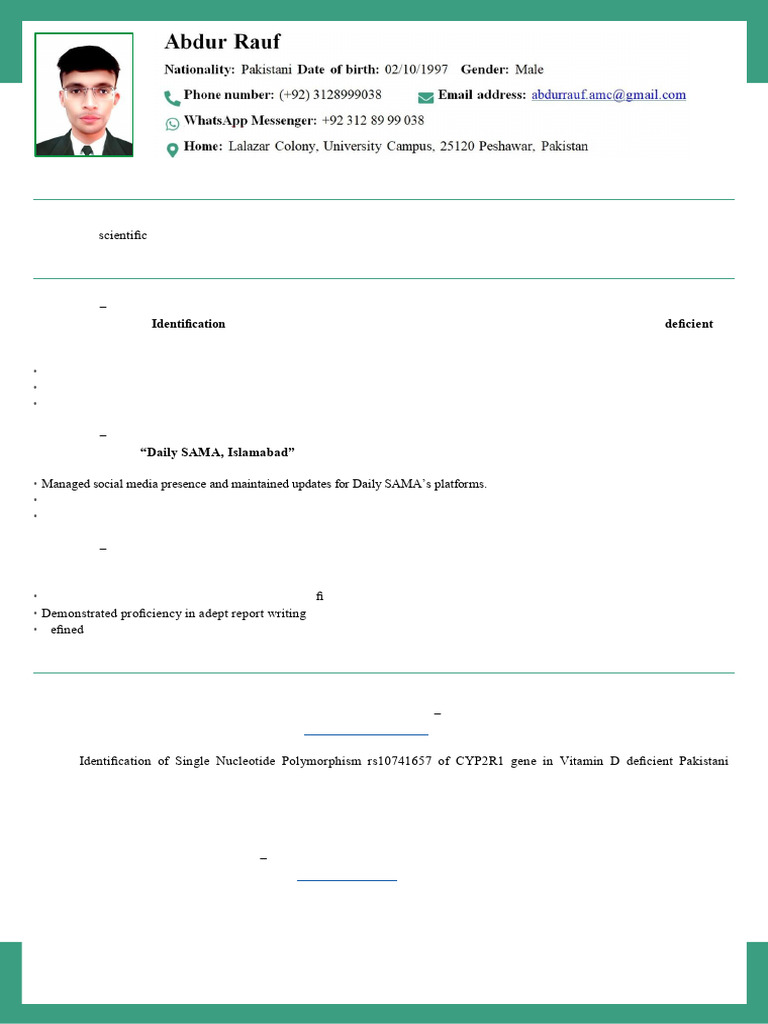 Abdur Rauf CV (Europass) | PDF | Molecular Biology | Single Nucleotide ...