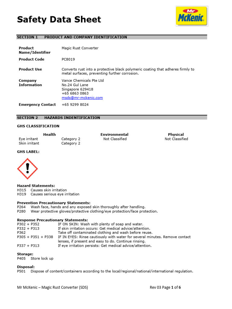 VCPL SDS - PC8019 - Magic Rust Converter | PDF | Dangerous Goods ...