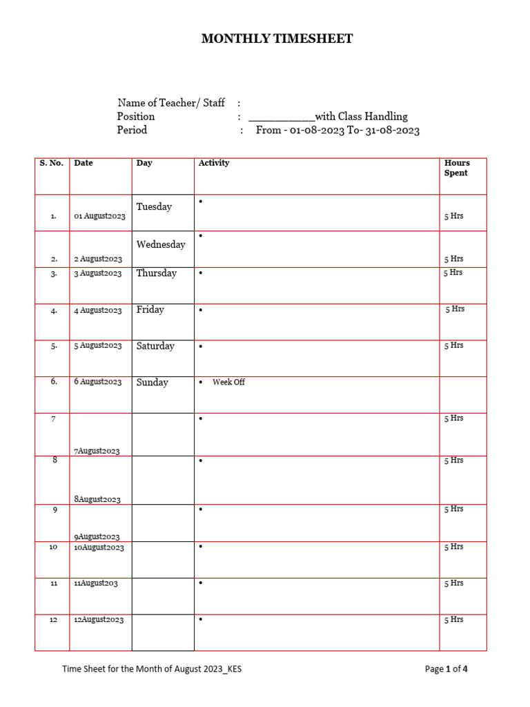 Timesheet Register Format - Kids Expressions School | PDF | Chess ...