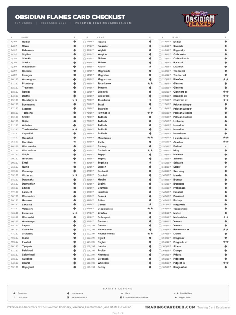 Pokemon Obsidian Flames Card Checklist | PDF | Pokmon | Video Game  Companies Of Japan