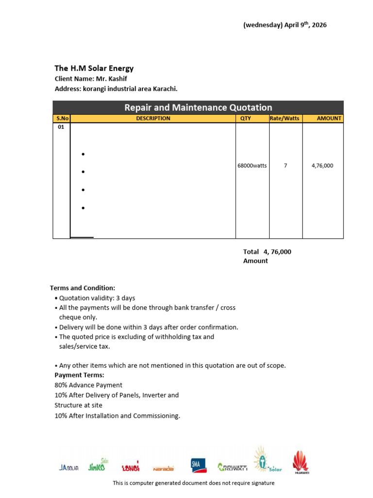 Repair and Maintenance Quotation of 68KW Solar Structure (2) | PDF