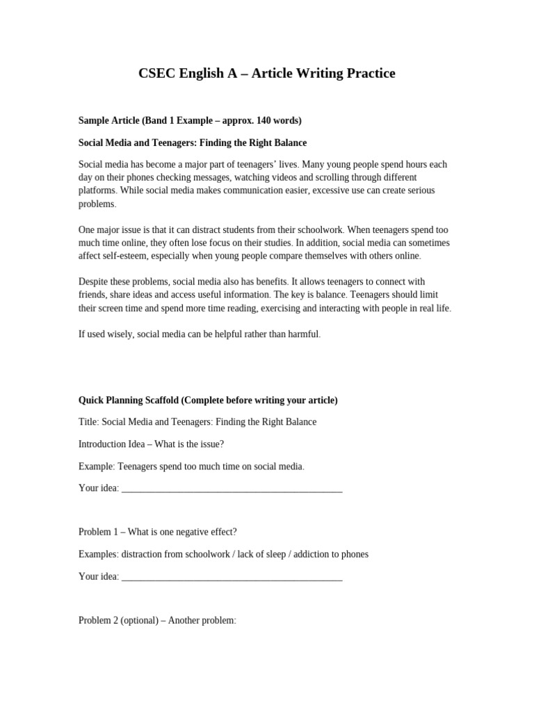 CSEC Article Writing Sample and Planning Sheet | PDF
