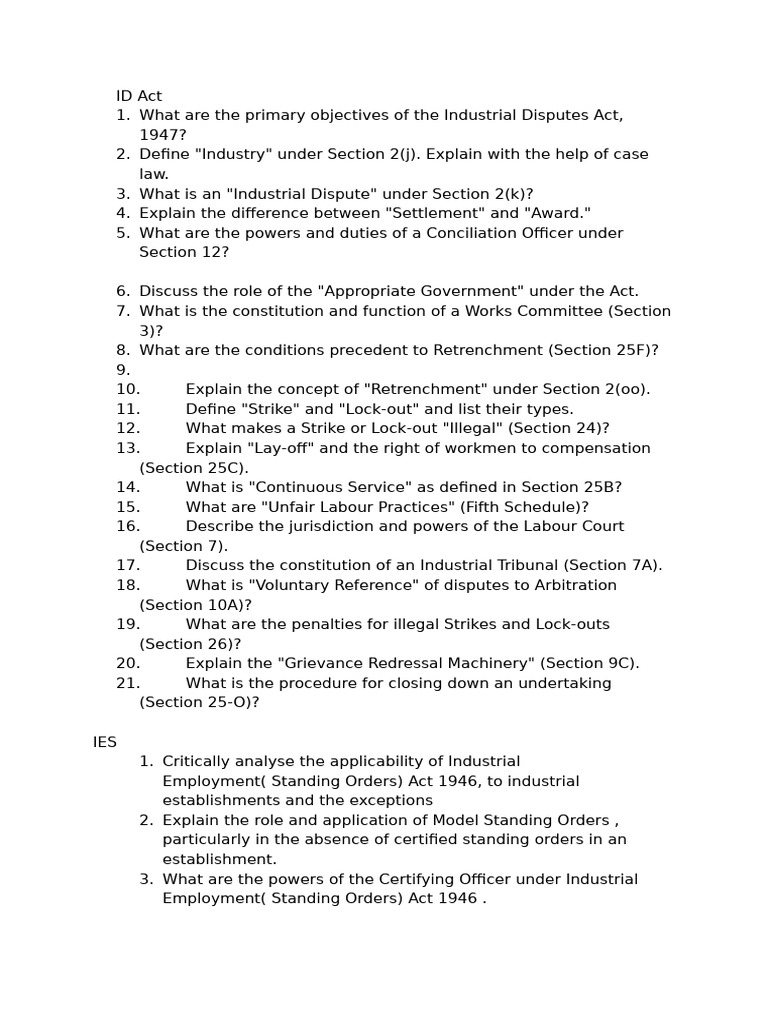 Sample Questions 2026 for Labour Legislation 2 | PDF | Strike Action ...