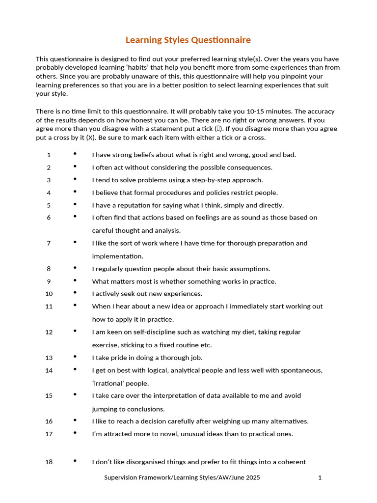 Learning Styles Questionnaire 2025 | PDF | Theory | Rationality