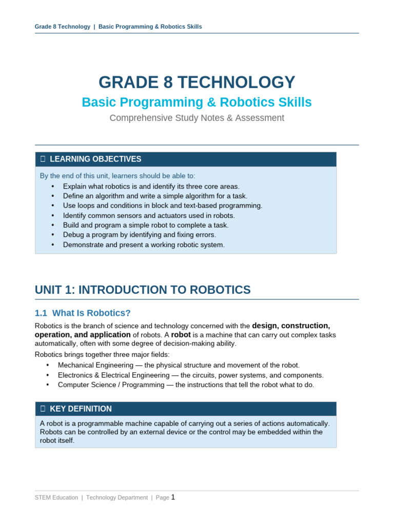 Grade8 Robotics Notes and Test | PDF | Robot | Robotics