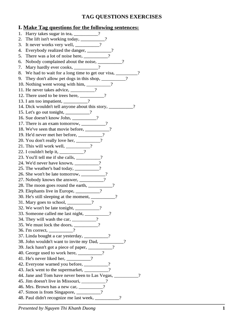 Tag Questions Exercises | PDF