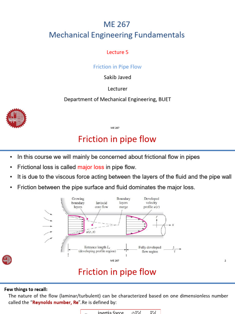 Lecture 5 Friction in Pipe Flow | PDF | Fluid Dynamics | Civil Engineering