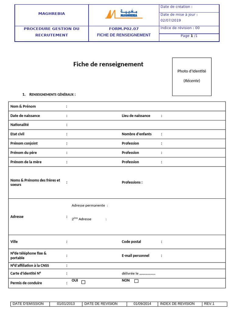 FORM P02-07 Fiche de Renseignement | PDF