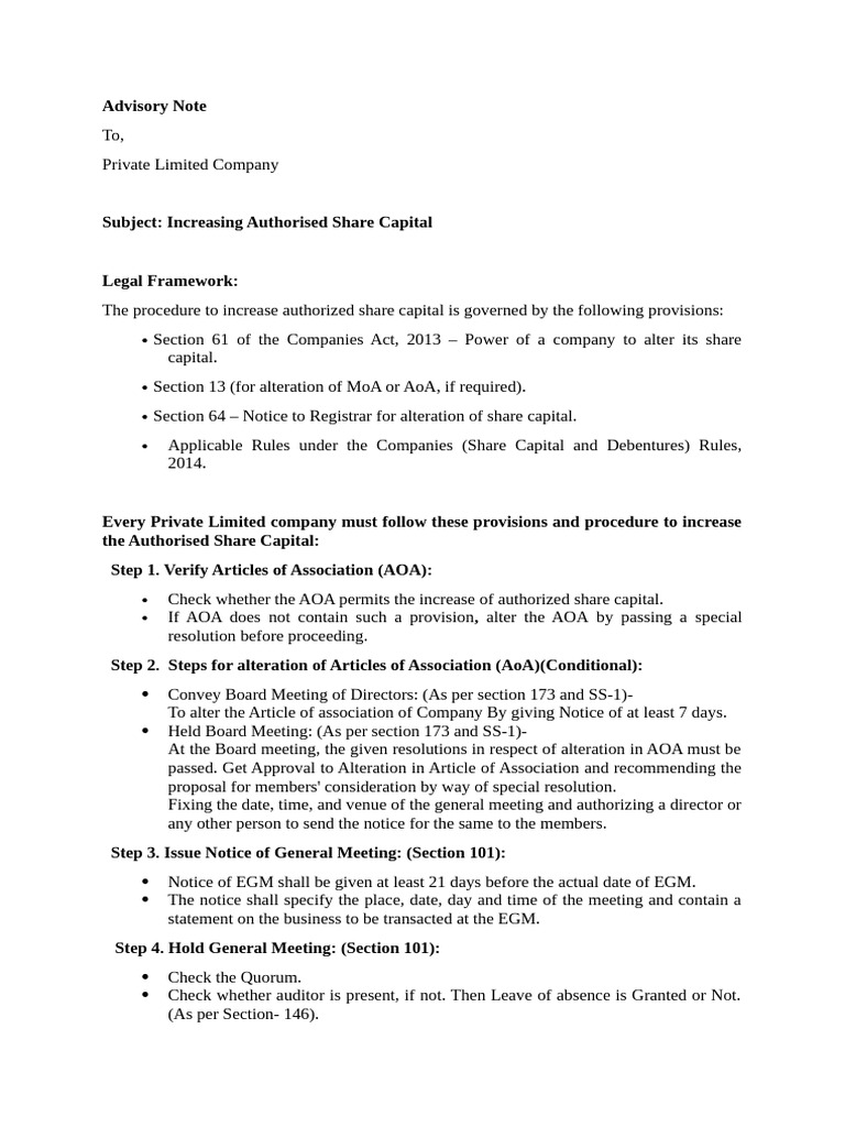 Advisory Note for change in capital | PDF | Articles Of Association ...