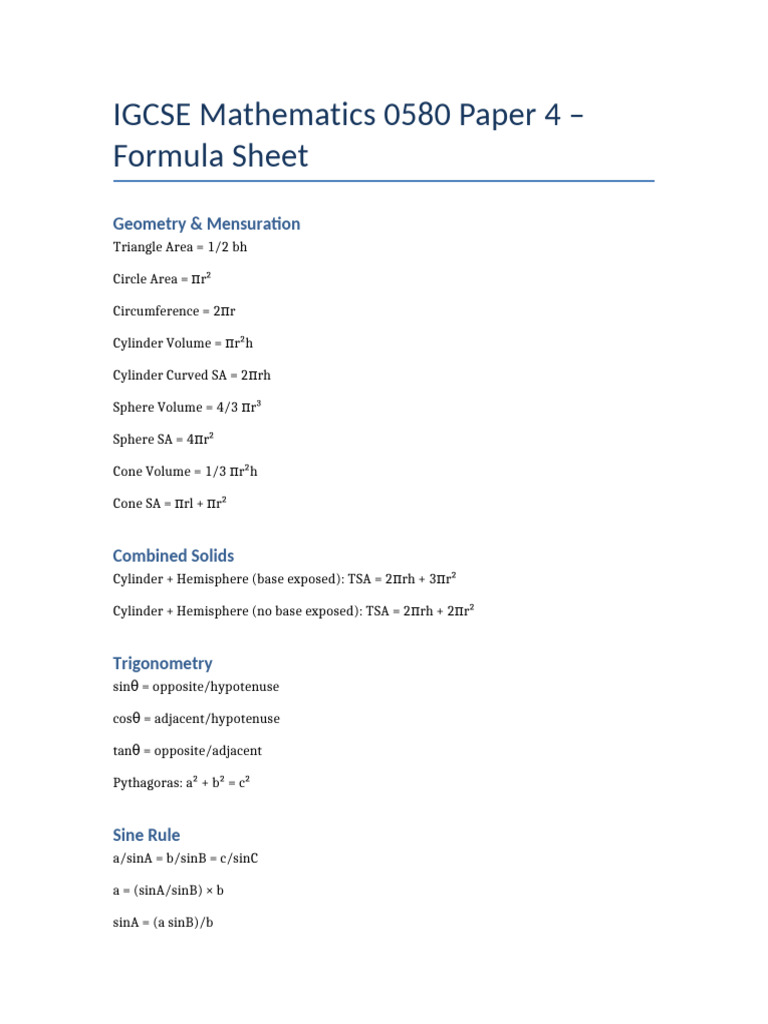 IGCSE Maths Formula Sheet | PDF