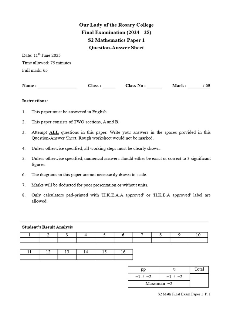 Math S2 Final Exam Paper 1 24-25 Question 2 | PDF | Mathematics